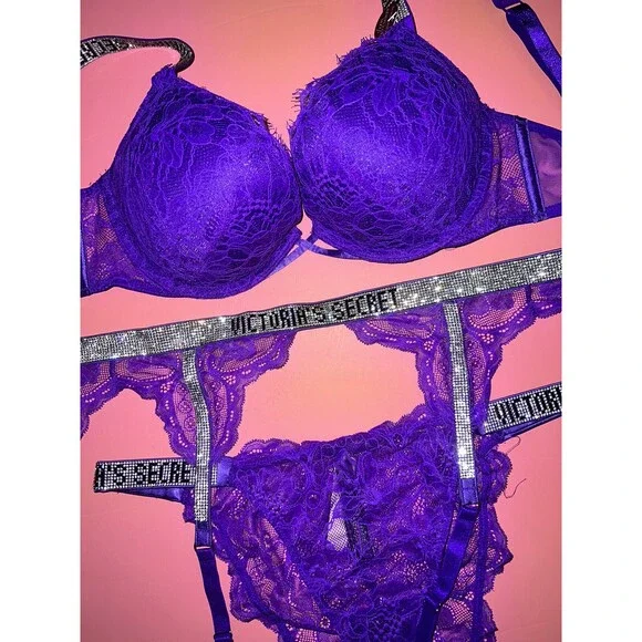Victoria's Secret 36D BOMBSHELL BRA SET+garter+M panty neon Purple SHINE STRAP